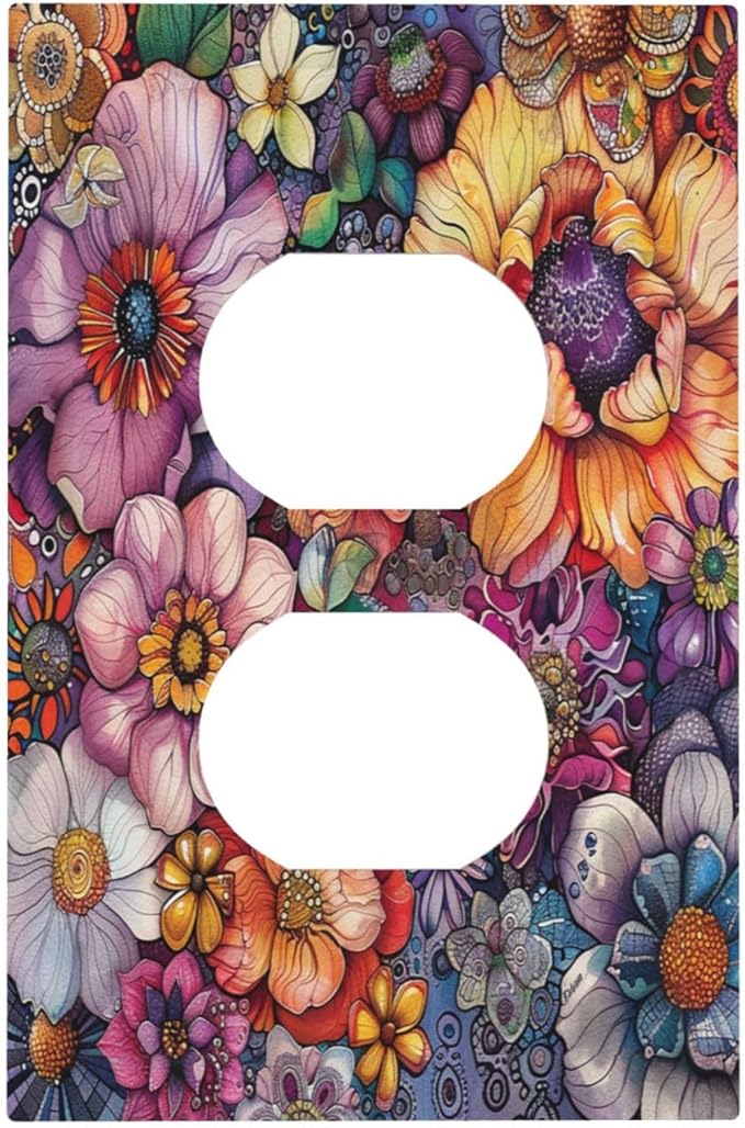 Outlet Covers Colorful Bohemian Flowers Vintage Boho Floral 1 Gang Duplex Light Switch Cover Decorative Switch Plates Electrical Receptacle Faceplate Wall Plate for Bed Room Decor