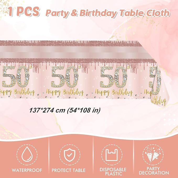 Ryzovo 41Pcs 50th Birthday Decorations, Rose Gold Birthday Party Supplies Include 20Pcs Plates 20Pcs Napkins and 1Piece Tablecloth, Sweet Fifty Year Old Birth Party Tableware for Girl Ladies Women