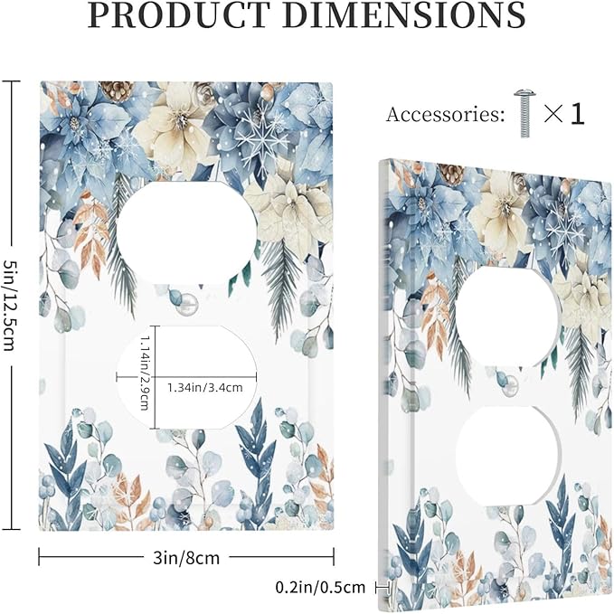 Blue Vine Snowflake Plants Leaves Floral Flowers Outlet Covers 1 Gang Duplex Light Switch Cover Decorative Switch Plates Electrical Receptacle Faceplate Wall Plate for Bedroom Living Room Decor