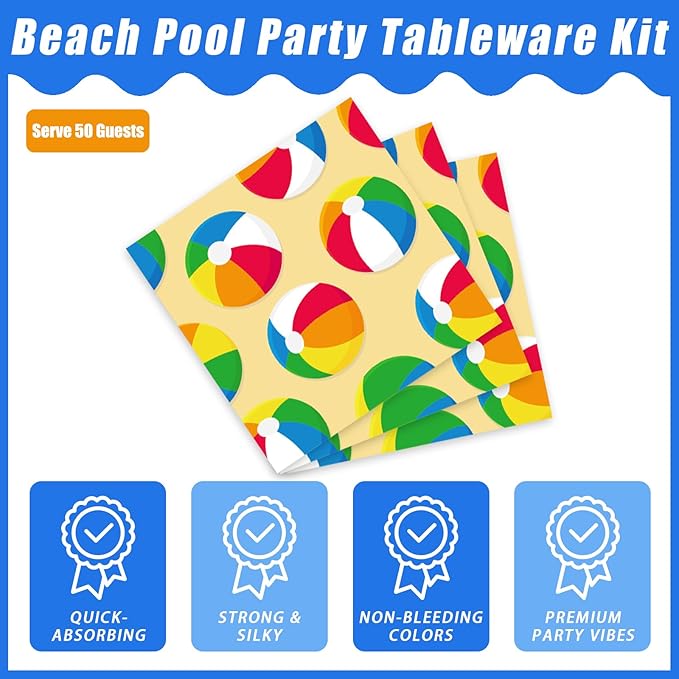 Kepeel 200Pcs Summer Pool Beach Party Tableware Set, Beach Pool Ball Party Decorations Supplies for Kids Boys Girls Summer Hawaiian Party Disposable Dessert Plates Napkins Forks Favors, Serve 50