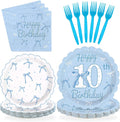 96Pcs Blue Bow 10th Birthday Party Decorations Blue White Happy 10th Birthday Scalloped Plates and Napkins Cute Bow Themed Tableware Set for Girls 10 Years Old Supplies Serves 24
