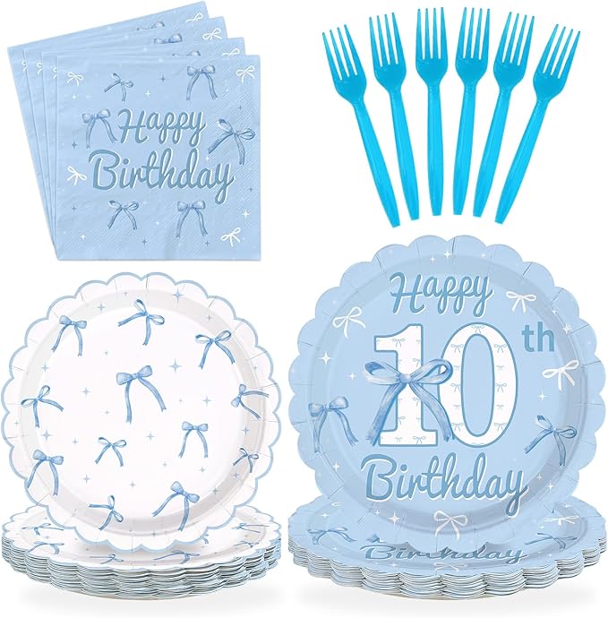 96Pcs Blue Bow 10th Birthday Party Decorations Blue White Happy 10th Birthday Scalloped Plates and Napkins Cute Bow Themed Tableware Set for Girls 10 Years Old Supplies Serves 24