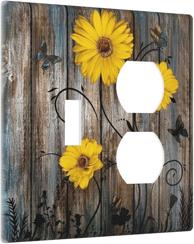 Rustic Barn Sunflower Wooden Daisy Flower Plank Wallplates 1 Toggle 1 Duplex Switch Plate Electrical GFCI Faceplate Decorative Light Switch Covers for Farmhouse Home Decor