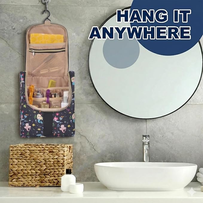 Remobia Hicol Cute Cartoon Hanging Kids Toiletry Bag Children Travel Cosmetic Makeup Organizer Wash Bag Shower bag Over Night Bag Camping Shaving Kit Bag for Boys & Girls (Mermaid Black)