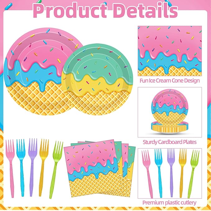 100 Pcs Ice Cream Cone Party Supplies Set, Serves 25 – Disposable Paper Plates, Napkins, and Colorful Forks, Ice Cream Themed Tableware for Kids Birthday, Summer, Sweet Shop, Dessert Party Decorations