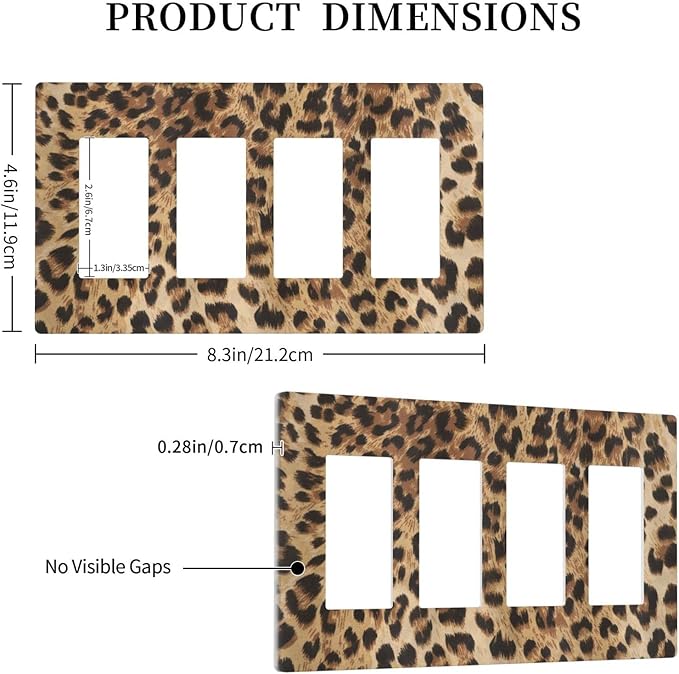 Classic Leopard Cheetah 4 Gang Quad Rocker/Decor Light Switch Cover Plate Decorative Electrical Faceplate For Girls Boys Home Bedroom Decorate Large Size 8.3" x 4.6