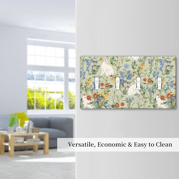 Light Switch Covers Vintage Floral Cute Cat Colorful Flowers Quad Toggle Electrical Faceplate 4 Gang Wall Plate Decorative Switch Plates For Bed Room Living Room Decor