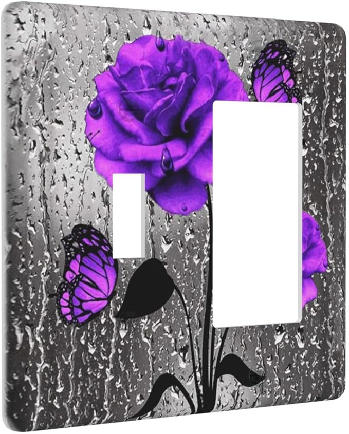 Romantic Purple Butterfly Rose Flower 2 Gang Single Toggle/Decorator Combination Light Switch Cover Decorative Combo 1-Toggle/1-GFCI/Rocker Wall Plate Cover
