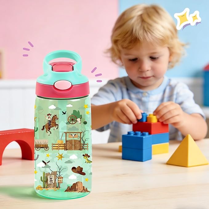 14oz Kids Water Bottle with Straw Lid - Cowboy Water Bottles for Kids, Leakproof, Lightweight, Durable Plastic Bottles for School Travel, Pop-Up Straw Cover, Gift Cup for Boys Girls(Cowboy)