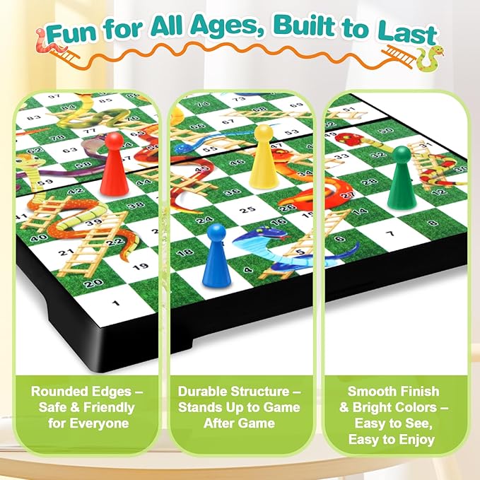 Magnetic Snakes and Ladders Board Game for Kids and Adults - 9" Compact Portable Travel Games with Pieces and Dice, Classic Foldable Family Game Set for 2-4 Players Ages 3 and Up