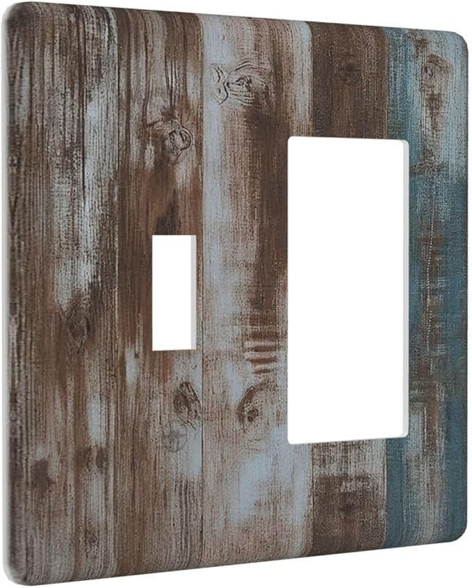 Vintage Blue Brown Wood Grain Outlet Covers 1 Toggle 1 Rocker Combination Electrical Switch Plates Light Switch Cover Plate Decorative Wall Plate for Bedroom Farmhouse Decor