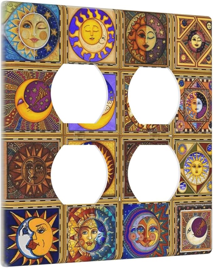 Mexican Talavera Tiles Star Pattern Celestials Theme Print Outlet Covers 2 Gang Double Duplex Decorative Light Switch Covers Electrical Wallplates Socket Faceplate for Kitchen Home Decor