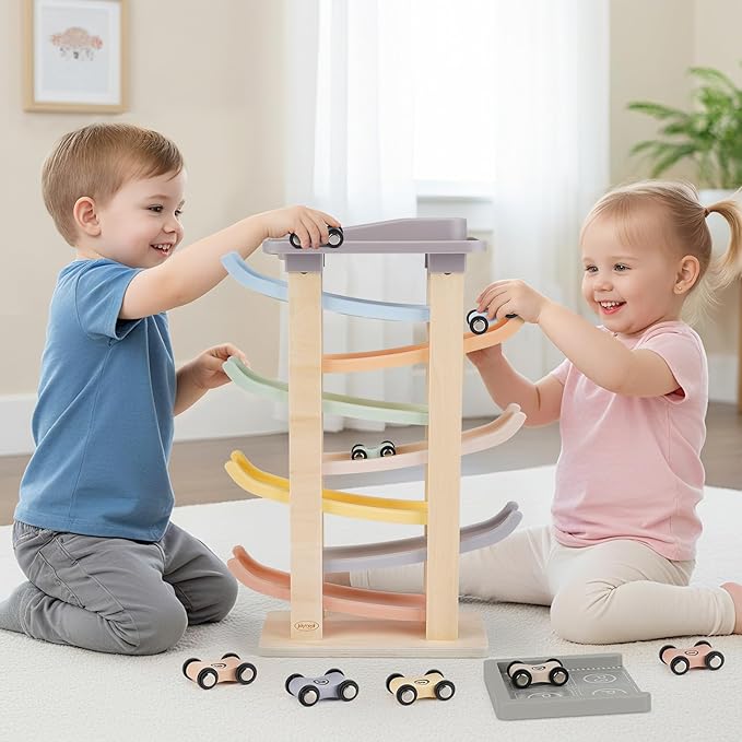 Joyreal Montessori Toddler Toys for 1 2 3 Year Old - 7 Level Wooden Car Ramp Racer Toys with 8 Mini Cars & 2 Garages - Christmas Birthday Gifts for 2 Year Old Boys and Girls