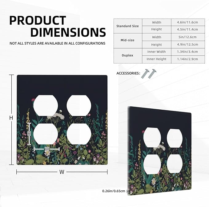 Boho Garden Flowers Weeds Floral Wildflowers Outlet Covers 2 Gang Double Duplex Decorative Light Switch Covers Electrical Wallplates Socket Faceplate for Bedroom Living Room Decor