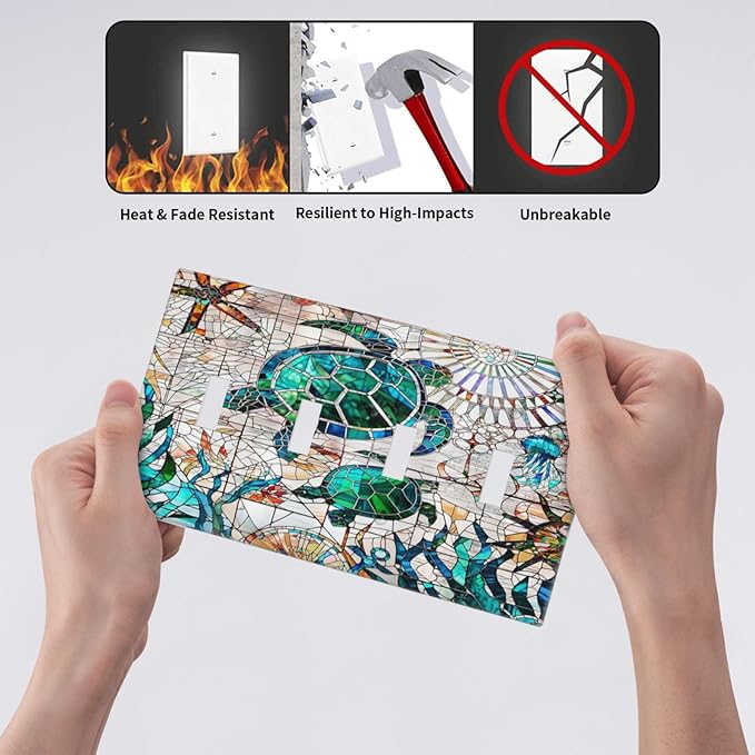 Hawaii Nautical Beach Decorative 4-Gang Quad Toggle Light Switch Wall Plate Cover, Sea Green/Blue Ocean Turtle Mosaic Ceramics Quadruple Toggle Device Switches Wall Plate Outlet Covers Standard Size