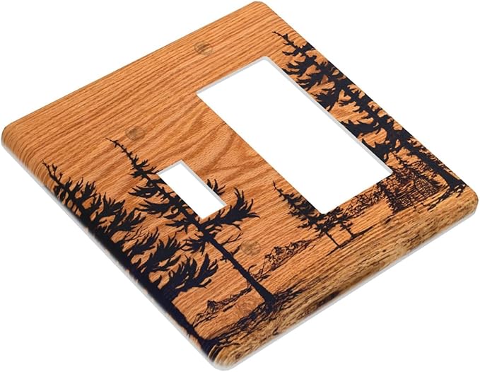 Pine Forest Natural Scenery Silhouette Wood Grain Outlet Covers 1 Toggle 1 Rocker Combination Decorative Wall Plate Electrical Switch Plates Light Switch Cover Plate for Farmhouse Home Decor