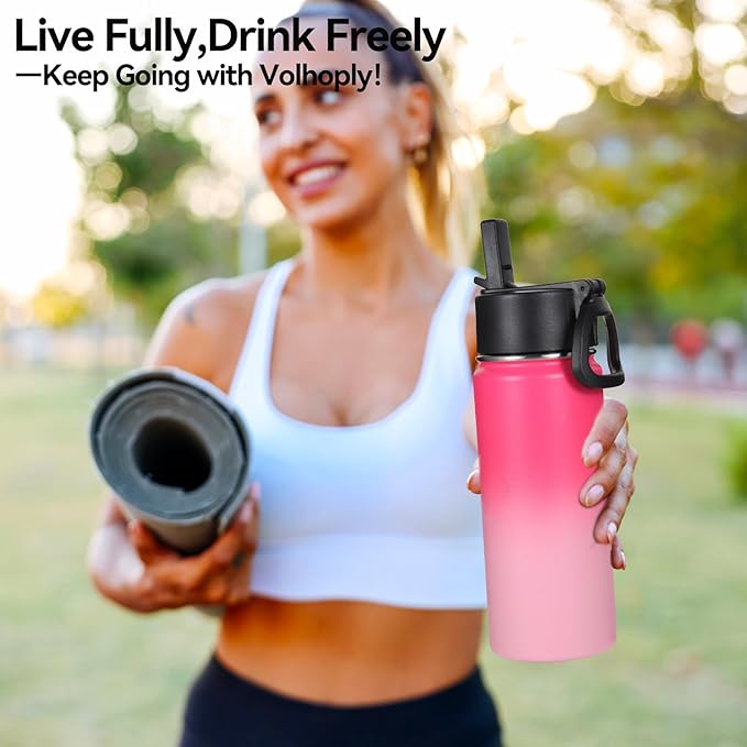 Volhoply 16 OZ Kids Water Bottle Bulk 2 Pack,Insulated Sports Bottles with Straw Lid,Stainless Steel Bottle with Handle Keep Cold&Hot,Double Wall Vacuum Tumbler Cups for School(Assorted, 2)
