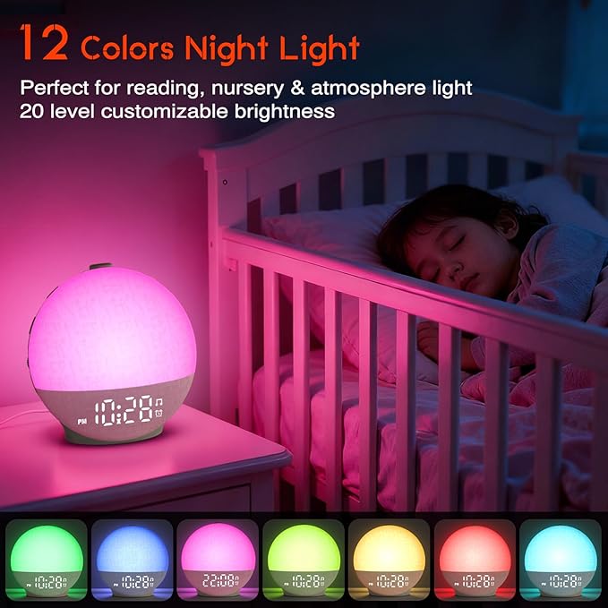 Sunrise Alarm Clock White Noise Machine, Sunset Simulation, 30 Soothing Sounds, 12 Color Night Light, Dimmable Sunlight Lamp Wake Up Light, Digital Clock for Kids Teens Heavy Sleepers Adults Bedrooms