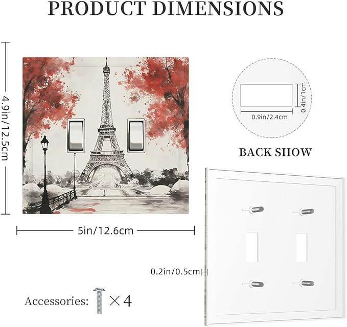 Parisian Watercolor Eiffel Tower Double Toggle Switch Cover - 2-Gang Standard US Size Paris Cherry Blossoms Romantic Light Switch Covers, Vintage French Watercolor for Bedroom Decor