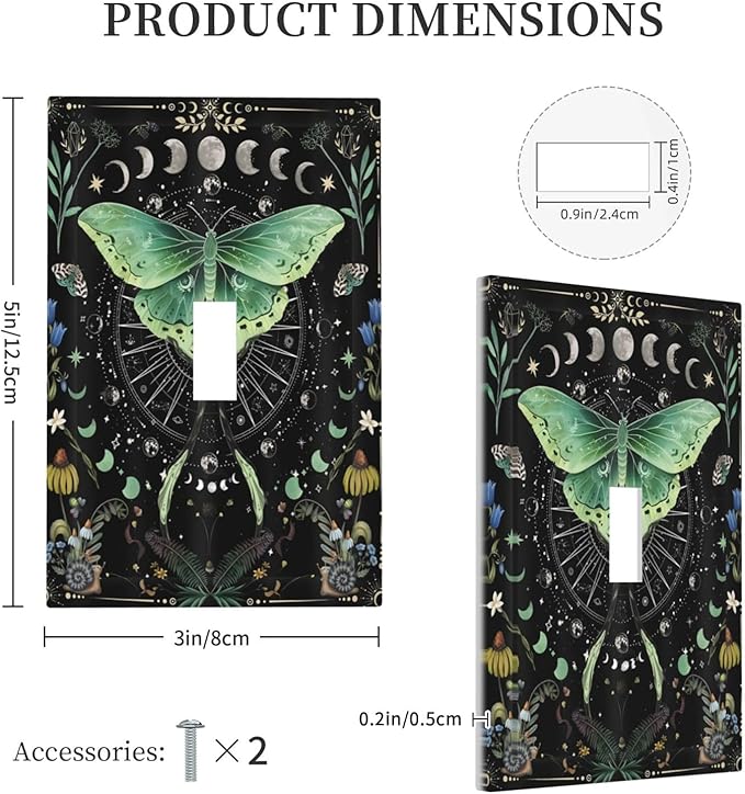 Moon Phase Butterfly Wildflower Plant Mysterious Night Moonlit Decorative Light Switch Cover 1 Gang Single Toggle Device Electrical Faceplate Switchplates Decorator Outlet Wall Plate for Bedroom