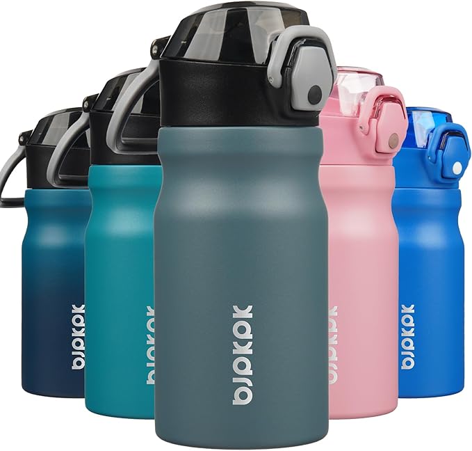 BJPKPK Insulated Water Bottle 14oz Stainless Steel Water Bottles with Straw and Carry Handle Double Wall Metal Thermal Flask,Dark Grey