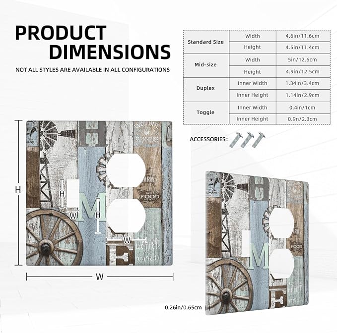 Rustic Western Barn Door Vintage Windmill Wallplates 1 Toggle 1 Duplex Switch Plate Electrical GFCI Faceplate Decorative Light Switch Covers for Farmhouse Home Decor