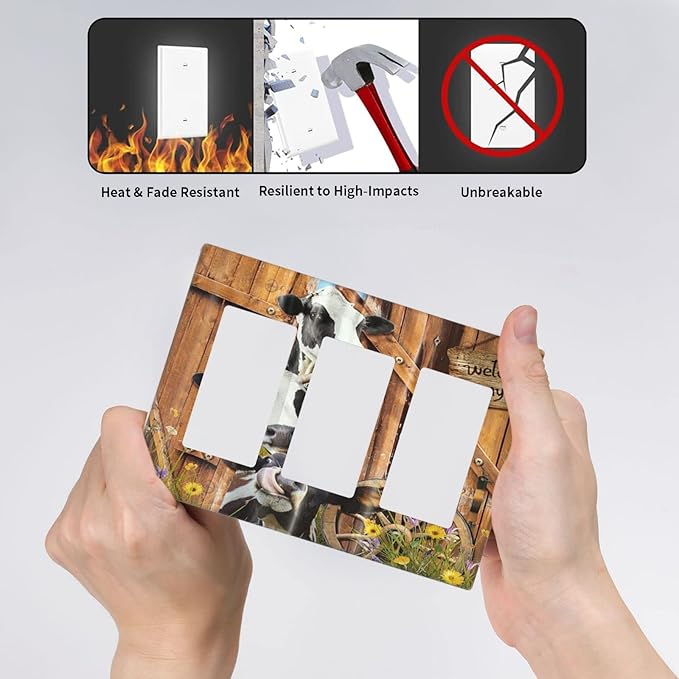 Decorative Switch Plate Covers Farm Cow Farmhouse Barn Door Rustic Vintage Wooden 3 Gang Triple Rocker Decora Light Switch Cover Country Wildlife Funny Outlet Wall Plate Electrical Faceplate GFCI