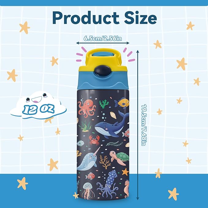 12oz Sea Water Bottle Kids - Under The Sea Water Bottle with Straw Lid, BPA-Free, Leak-Proof, Double-Wall Stainless Steel Insulated Kids Waters Bottles for School, Gift Cup for Sea World Lover