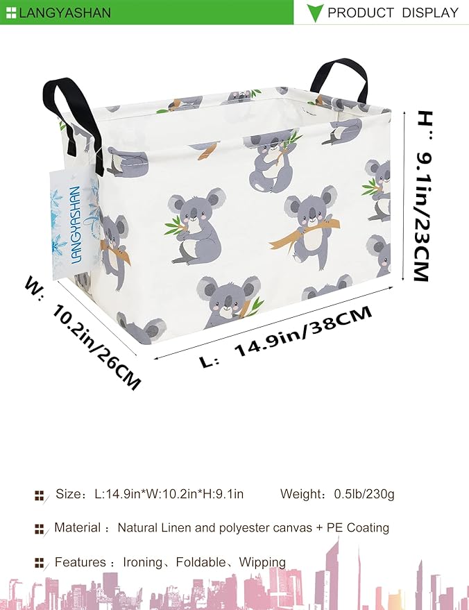 LANGYASHAN Rectangular Storage Bin Collapse Canvas Fabric Cartoon Storage Basket with Handles for Organizing Home Kitchen Boys and Girls Toys Office Closet Shelf Baskets (Rec Koala)