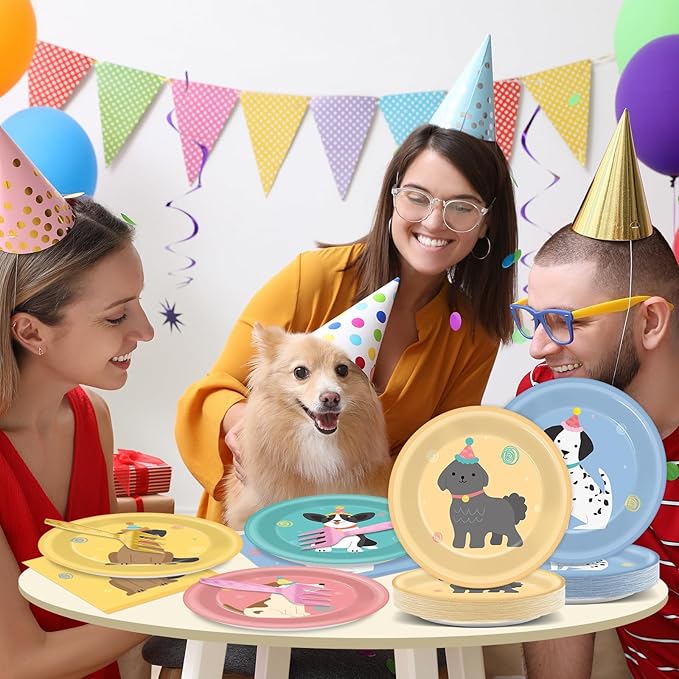 96Pcs Pet Dog Birthday Party Supplies Retro Puppy Themed Paper Plates Napkins Vintage Puppy Face Party Tableware Disposable Pet Dinnerware Decoration Set for Kids Birthday Baby Shower Table Decor