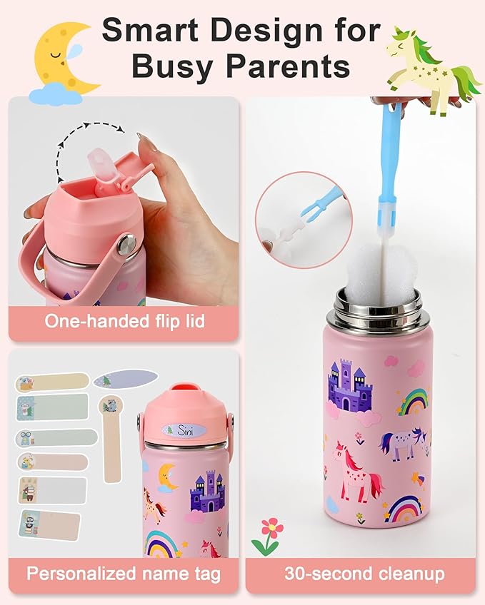 Kids Water Bottle 14oz with Silicone Straw Lid - Insulated Toddler Water Bottle Stainless Steel Keeps Cold 24H, Leak Proof & Unicorn Rainbow Prints Girls Design | Custom Name Tag for School, Pink