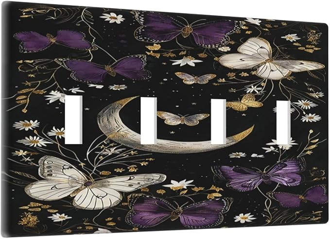 Light Switch Cover Plate Boho Crescent Moon Butterfly 4 Gang Quad Toggle Wall Plate Electrical Outlet Cover Decorative Switch Plate Covers for Bedroom Home Decor