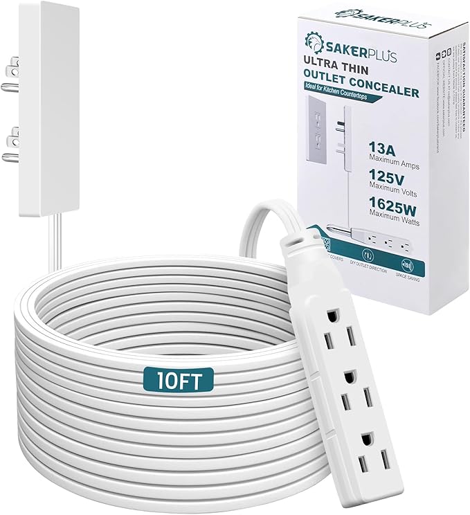SakerPlus Outlet Concealer Power Strip-Outlet Cover Extender with 3AC Outlets-10ft Flat Plug Extension Cord,Universal Size,1625W for Kitchen, Home and Office,Child & Pet Safe(10 Foot)