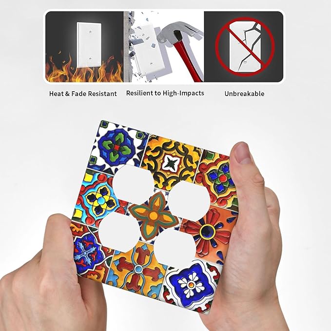 Vintage Colorful Boho Mexican Moroccan Tile Outlet Covers 2 Gang Double Duplex Decorative Light Switch Covers Electrical Wallplates Socket Faceplate for Farmhouse Home Decor