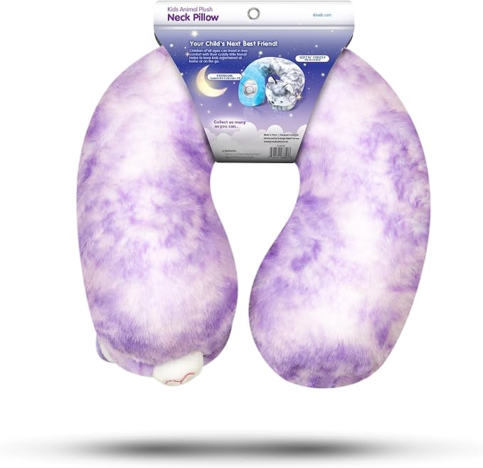 Cloudz Kids Super Soft N' Cuddly Animal Airplane Travel Neck Pillow! Keep Children Comfy and Supported with a Buddy While Traveling or just Resting at Home - Purple Cat