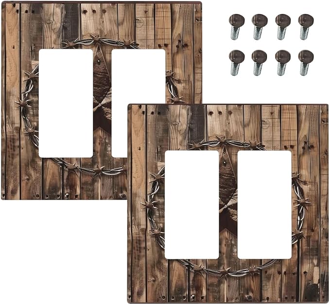 Outlet Covers Rustic Star Western Cowboy Wood 1 Gang Duplex Light Switch Cover Plate Decorative Wall Plates Electrical Switchplate Receptacle for Farmhouse Home Decor（2 Pack）