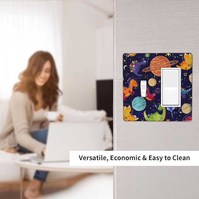 2-Gang 1-Toggle 1-Decora/GFCI Device Combination Wall Plate Navy Blue Funny Dino Fun Kids Dinosaur Universe Outer Space Nebula Baby Boy Girl Playroom Combo Toggle Decorator Outlet Light Switch Cover