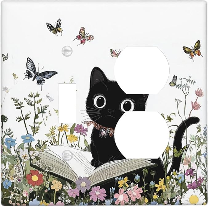 Wallplates Cute Cat Wildflowers Boho Flowers Floral 1 Toggle 1 Duplex Switch Plate Electrical Gfci Faceplate Decorative Light Switch Covers For Nursery Kids Room Decor