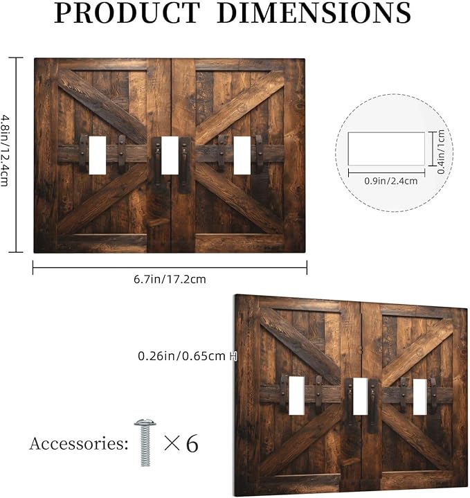 Decorative Light Switch Cover Plate Retro Brown Wood Barndoor 3 Gang Wall Plates for Electrical Outlets Triple Toggle Switch Plate Covers Outlet Covers Faceplate for Farmhouse Decor