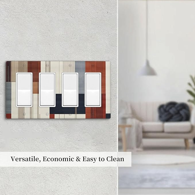 Abstract Geometric 4 Gang Light Switch Cover Modern Squares Quad Rocker Outlet Covers Switchplates GFCI Wall Plate Decorative Electrical Faceplate for Bedroom Kitchen Home Decor