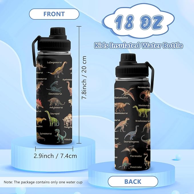 Dinosaur Gifts for Boys, 18 oz Stainless Steel Water Bottles with 2 Lids, Insulated Water Bottle with Straw, Dinosaur Cups for Travel Sports Outdoor, Birthday Christmas Gifts for Boys Dino Lovers