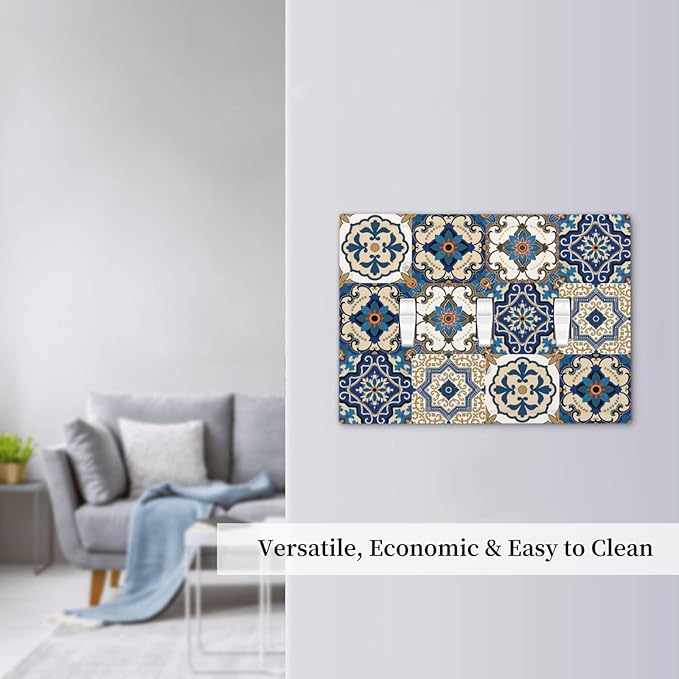 Decorative Switch Plates Mandala Decorative Tile Talavera Moroccan Tiles 3 Gang Wall Plate Faceplate Triple Toggle Light Switch Cover Electrical Wall Panels for Bedroom living Room Decor