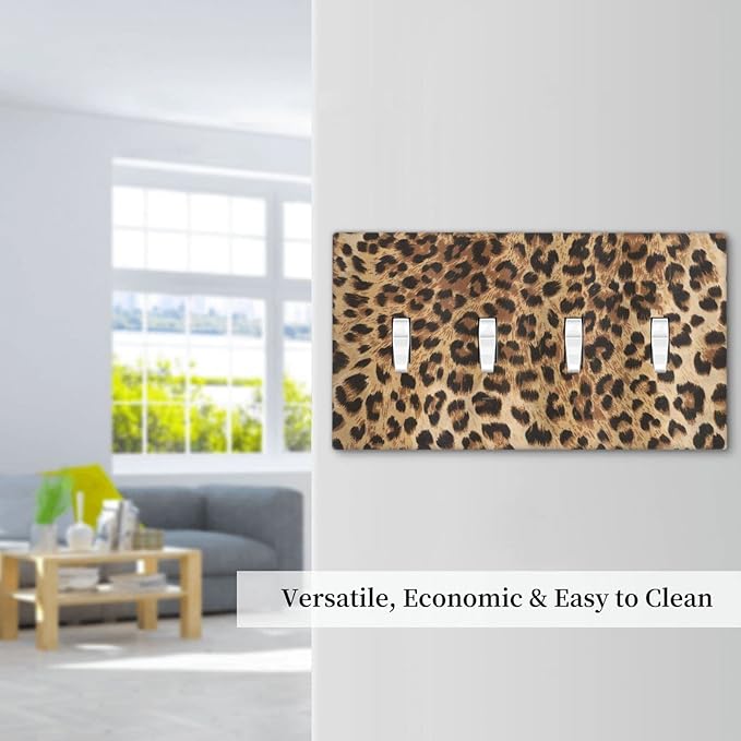 Classic Leopard Cheetah 4 Gang Light Switch Cover Decorative Quad Toggle Wall Plate Decorative Electrical Faceplate For Girls Boys Home Bedroom Decorate Large Size 8" x 4.5