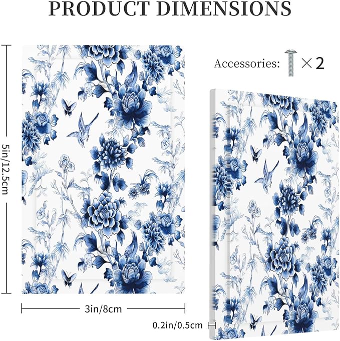 Blue Flower White Floral Plant Bird Butterfly Light Switch Cover Plate 1 Gang No Device Blank Electrical Wall Plates Faceplate Decorative Switch Plate Covers for Bedroom Living Room Decor