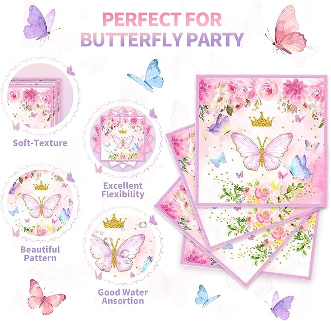 Butterfly Party Supplies for 24 Guests – 96 Pcs Pink Butterfly Disposable Party Tableware Set with Plates, Napkins and Forks, Birthday Decorations for Girls, Baby Shower & Spring Party