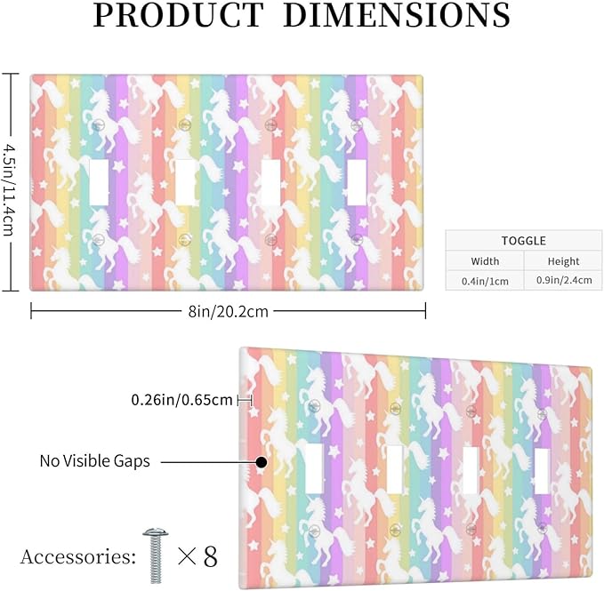 Kids Girls Girly Bedroom Rainbow 4 Gang Device Decorator Outlet Light Switch Cover Plate, Colorful Stars Stripes Unicorn Decorative Funny Pink Teen Animals Quad Toggle Wallplate Faceplate Cover