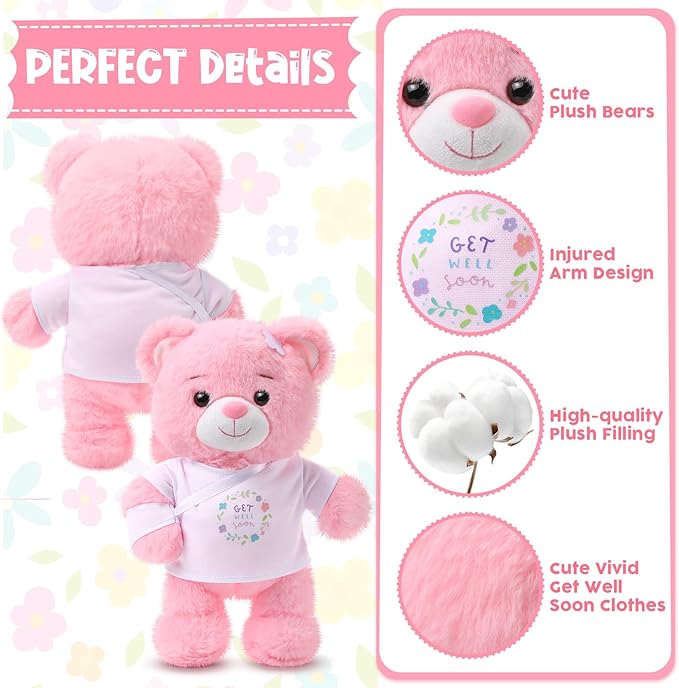 Deekin Get Well Soon Gifts for Kids Injured Recovery Bear Stuffed Animal Gifts Bear for Kids Adult with Broken Arm After Surgery Soft Bandage Plush 10 Inches(Pink,Arm Injury)