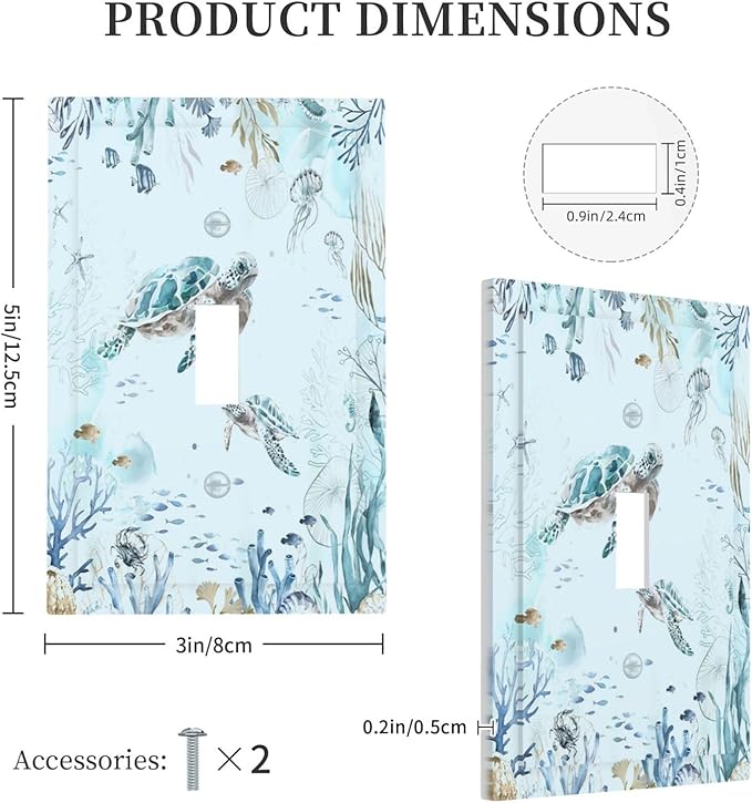 Decorative Light Switch Cover Teal Blue Ocean Sea Turtle Seabed Plants 1 Gang Single Toggle Decorator Outlet Wall Plate Device Electrical Faceplate Switchplates for Bathroom Kids room Decor