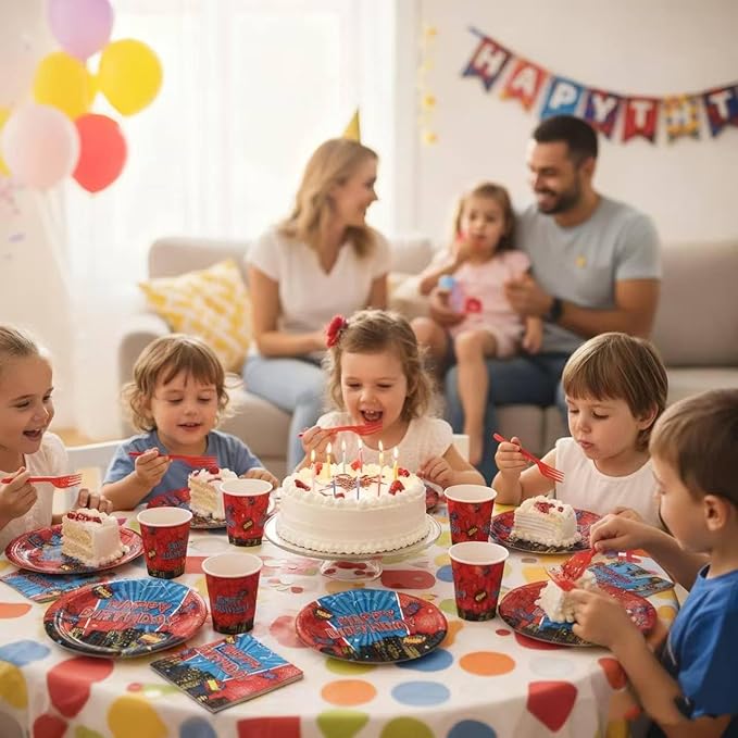 Cartoon Spider Birthday Party Supplies for Kids Child Themed Birthday Party，Red Blue Superhero Theme Party Decorations Disposable Tableware Set With Plates, Cups, Napkins & Cutlery for 24 Guests