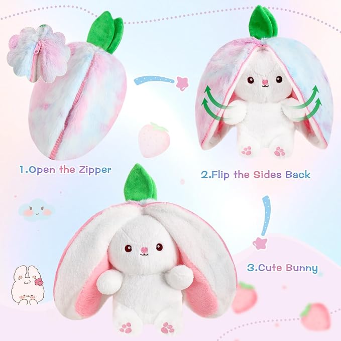MIAODAM Rainbow Strawberry Bunny Stuffed Animal, Strawberry Bunny Plush Turn Into Rabbit Fruit Doll Pillow, Plushie Cute Bunny Toy for Kids (10 inch)